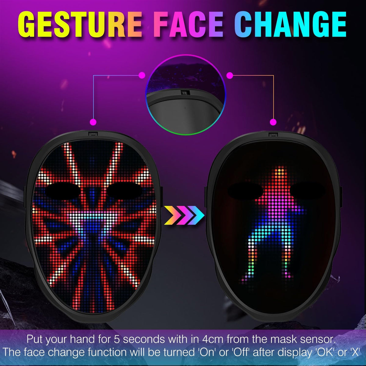 MEGOO Led Mask with Bluetooth Programmable App,Shining Led Light Up Face Mask for Adult Kid Halloween Masquerade Party