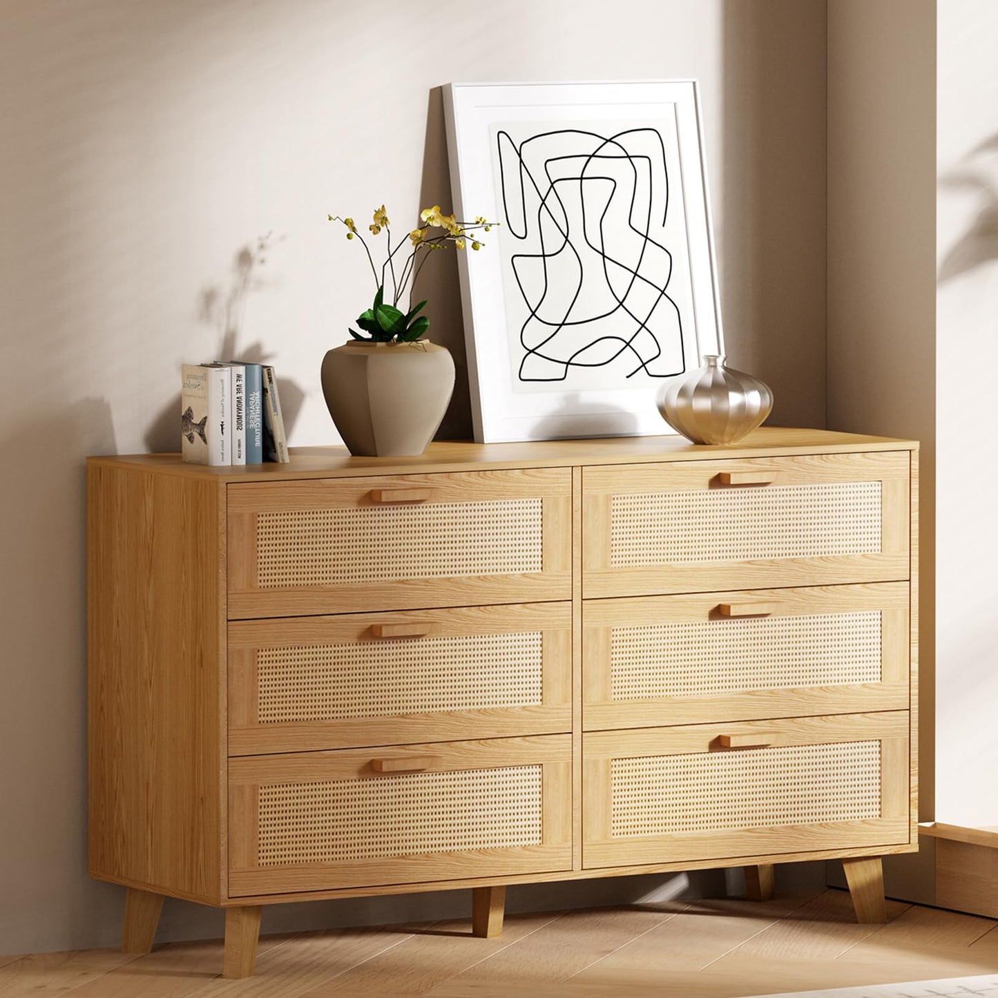 XDliv Wide Rattan Dresser, 6 Drawer Dressers Bedroom Furniture Large Storage Tower Unit, Wood Chest of Drawers for Bedroom, Closet,Hallway