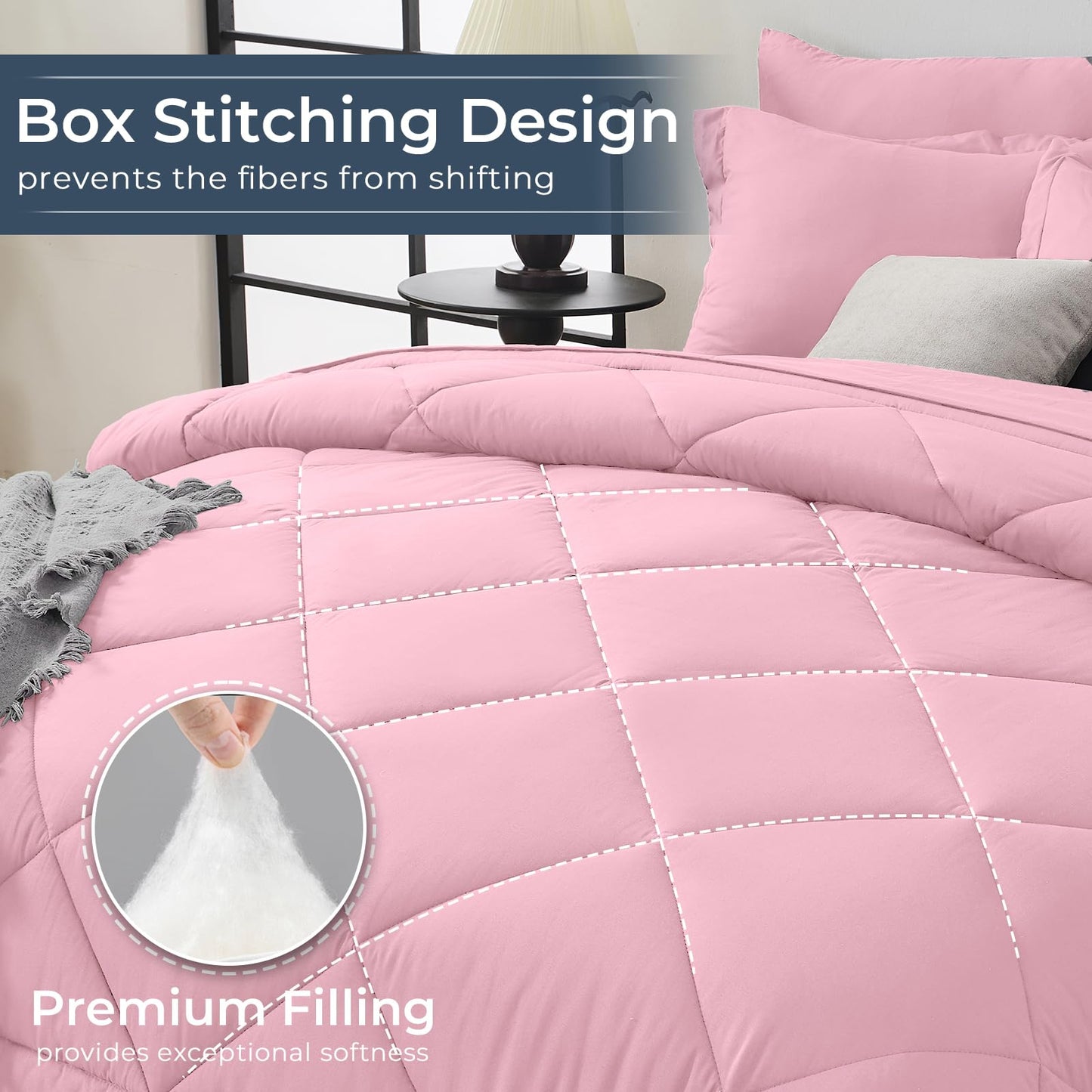 HEVUMYI Pink King Comforter Set - 7-Piece All Season Bed in a Bag King, Ultra Soft Bedding Set with Comforter, Flat Sheet, Fitted Sheet, Pillowcases, Pillow Shams, Pink