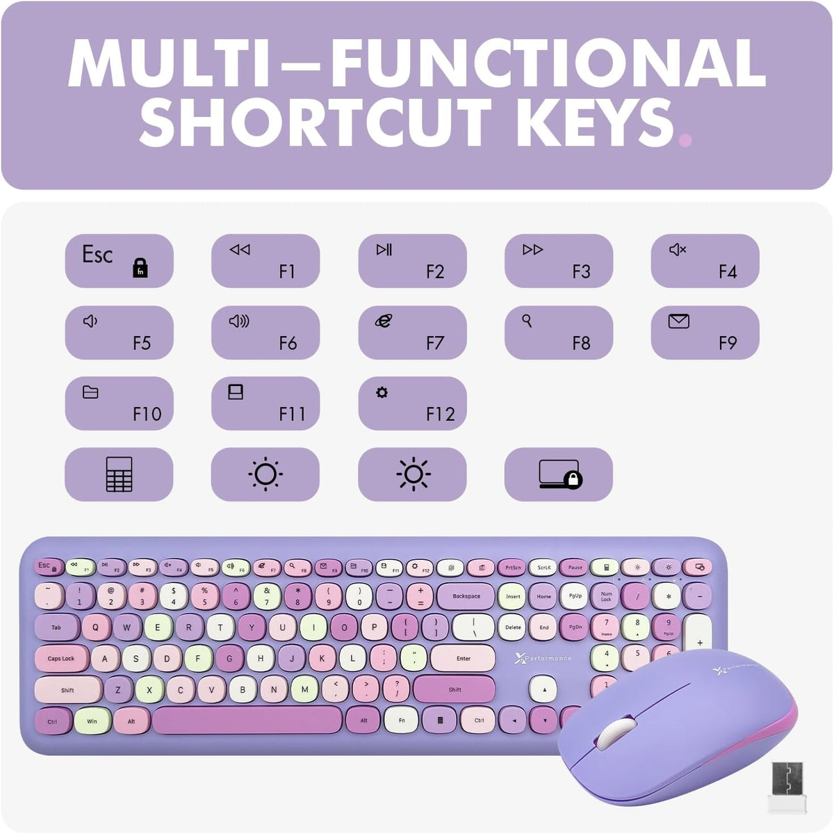 X9 Retro Wireless Keyboard and Mouse Combo - 2.4G Colorful Purple Keyboard and Mouse Wireless - Cute and Aesthetic Typewriter Combo for PC Computer Desktop and Laptop - Full Size