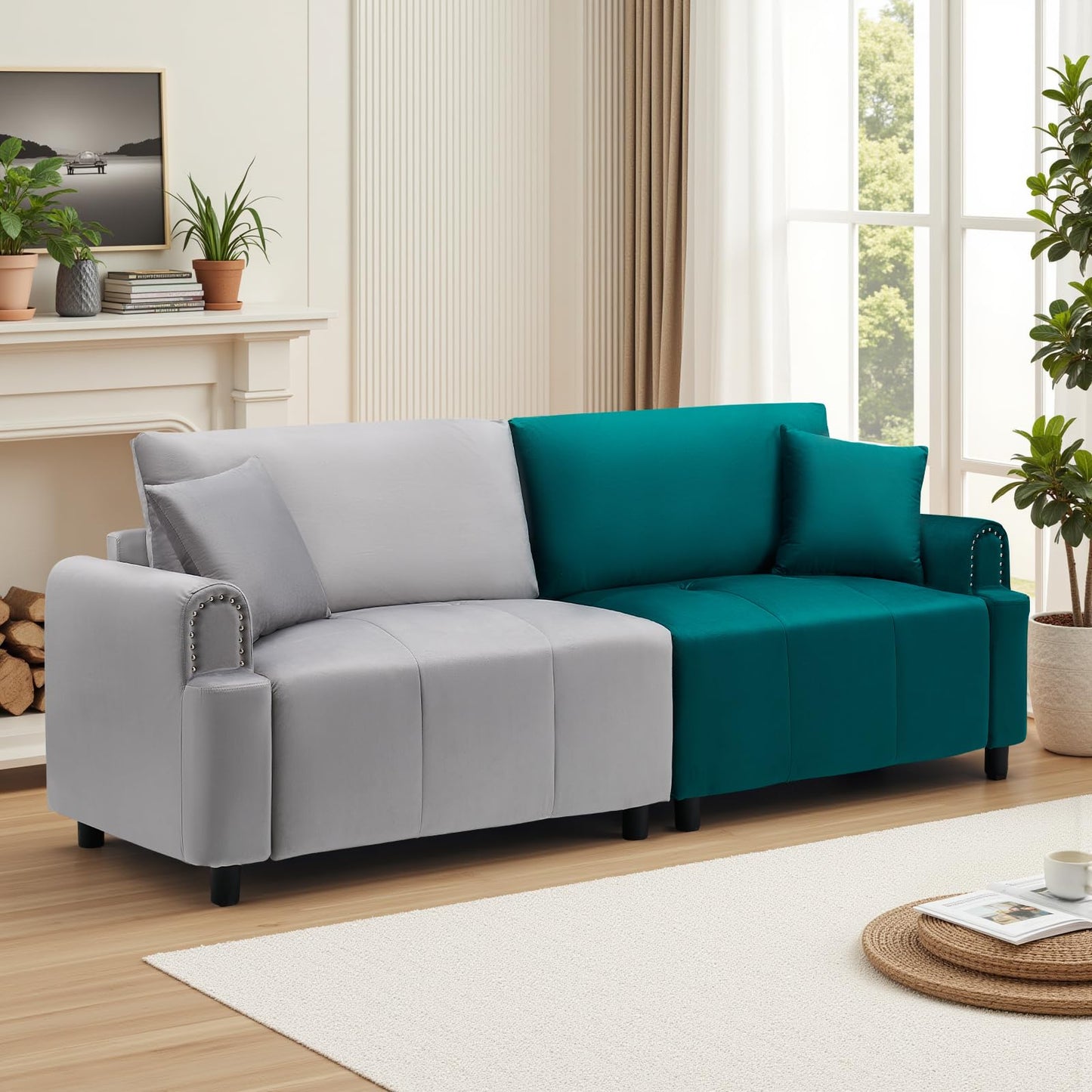 PLANNTONNEO 87" Sectional Sofa Modular Deep Seat Sofa Couch, Futon Sofa Bed,Modern Velvet Sofa Sleeper with USB Ports Comfy Upholstered 3 Seater Couches for Living Room Apartment Bedroom, Green+Gray