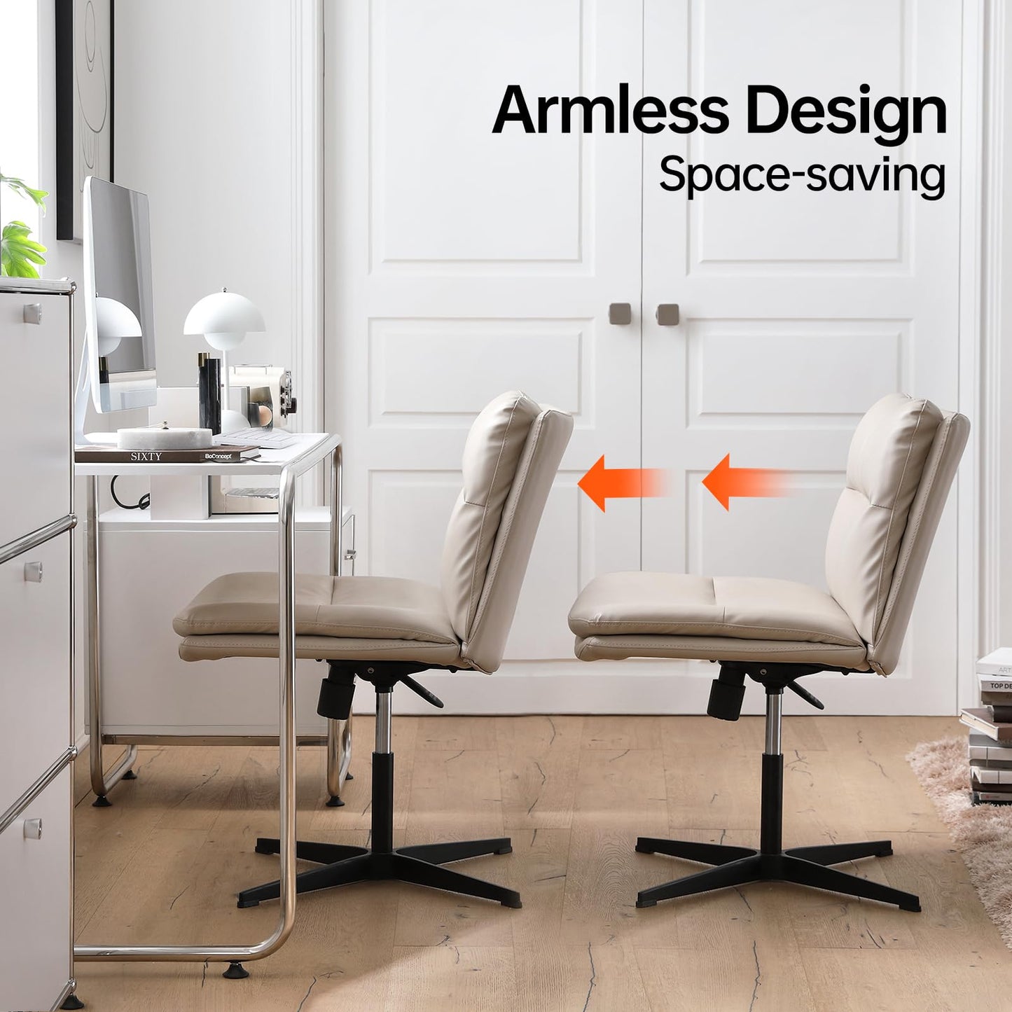 EMIAH Armless Office Desk Chair No Wheels PU-Padded Vanity Mid-Back Ergonomic Home Computer Comfortable Adjustable Swivel Task Chair with Thickened Cushion