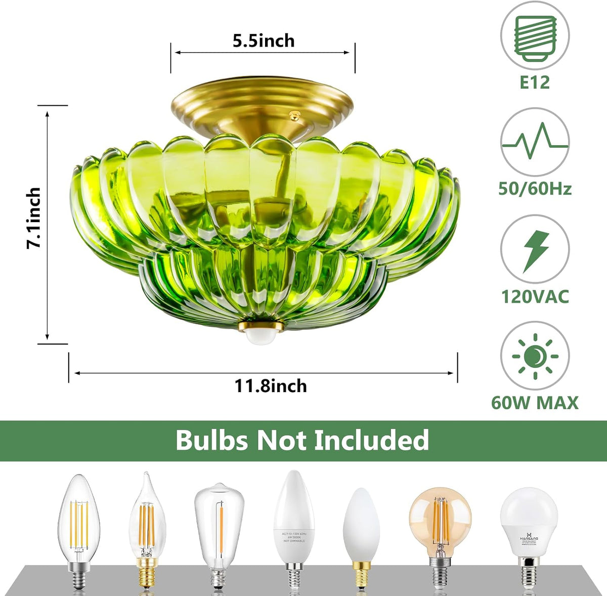 Semi Flush Mount Ceiling Light with Motion Sensor, 2-Bulb & 12 Inch Outdoor Indoor Glass Vintage Ceiling Light Fixture for Porch, Garage, Covered Patio, Hallway, Stairwell, Bulb Not Included - Green