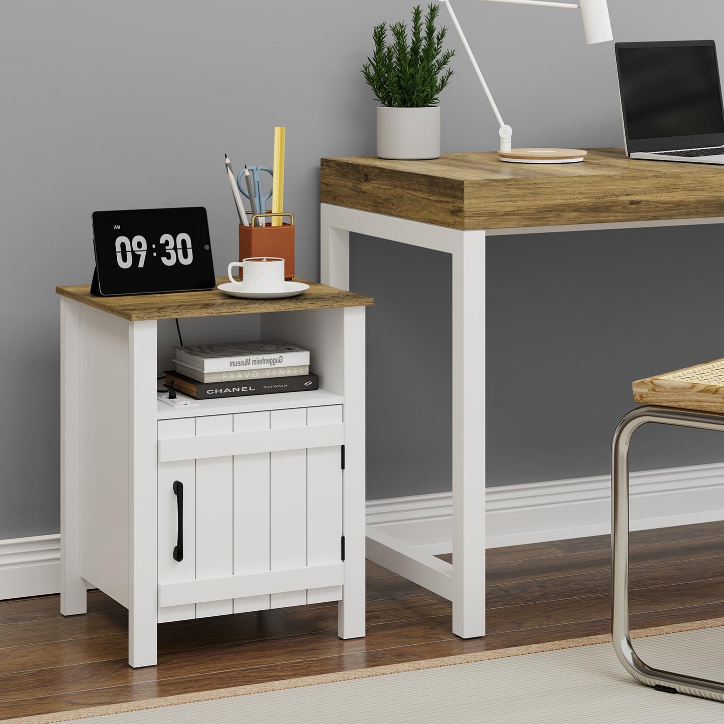 RRX Large Nightstand, End Table with Charging Station, 15.7''Lx17.7''Wx23.6''H Farmhouse Bedside Table with Barn Door and Storage Shelf, Wooden Sofa Side Table (2, White)