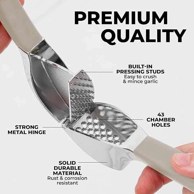 Zulay Kitchen Comfort Grip Garlic Press - Garlic Mincer Tool - Garlic Crusher - Garlic Press Mincer Rust Proof, with Soft Ergonomic Handle, Easy Clean Set with Peeler and Brush - Gray