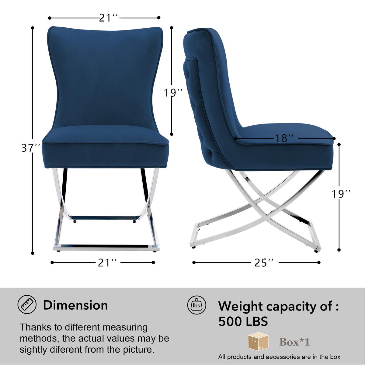 LOULENS Elegance Velvet Dining Chairs Set of 2, Luxurious Upholstered Tufted Dining Room Chairs, Glam Royal Velvet Accent Chairs with Stainless Steel Legs, Dark Blue