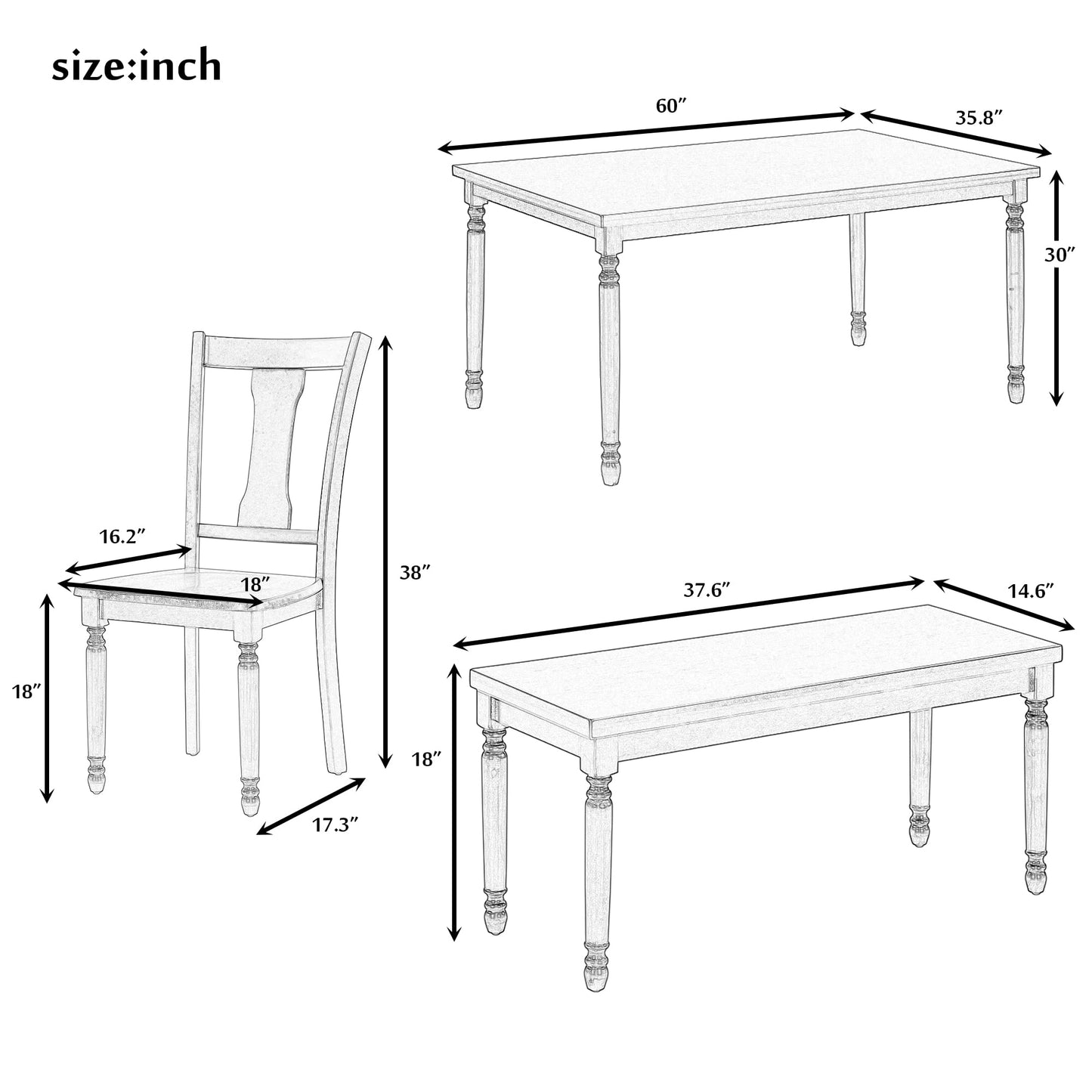 LUMISOL 60" Dining Table Set with Bench Includes Rectangular Dining Table, 4 Chairs & Bench, Farmhouse Style, Brown+Cottage White
