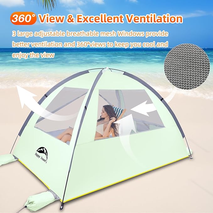 Happy Travel Beach Tent Sun Shelter for 3/4/5/6/7/8 Person, Portable UPF 50+ UV Protection Beach Shade Canopy for Family & Baby, Lightweight & Easy Setup Beach Cabana with 3 Ventilation Mesh Windows