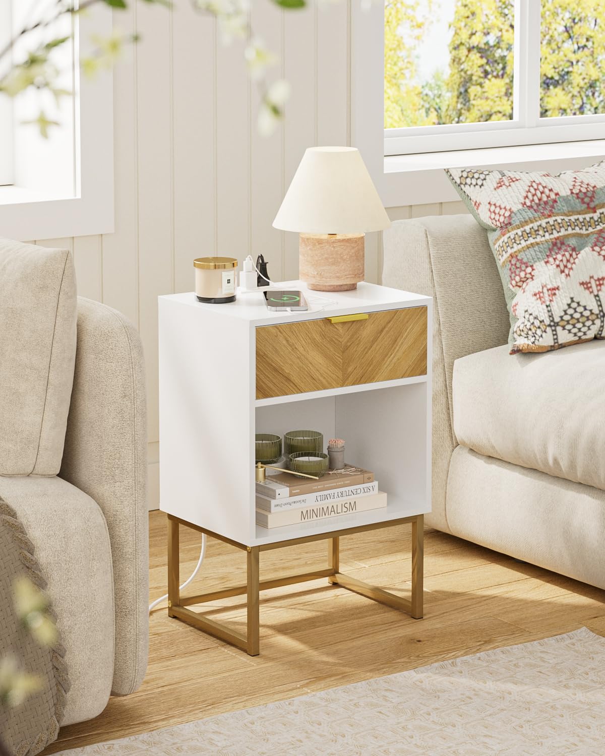 Acodaiuy Nightstand with Charging Station, Boho Night Stand with Drawer Wood Farmhouse Bedside Table with Storage, End Side Accent Table for Bedroom,Living Room,White