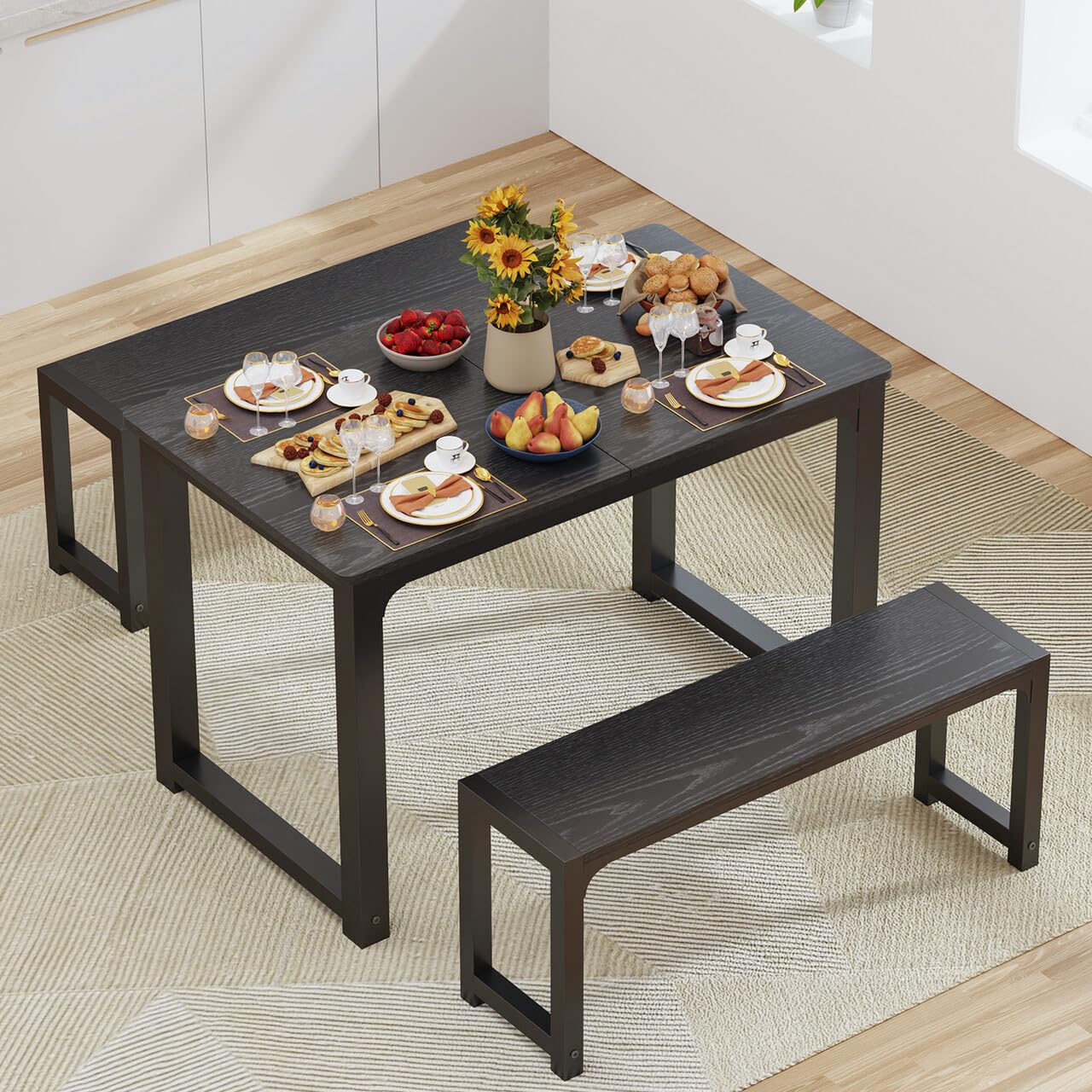 Gizoon 63” Kitchen Table Sets for 4 with 2 Benches Extendable Dining Table Set for 4 with Chairs Dining Room Table and Chairs for Kitchen Apartment Outdoor and Home Office, Black