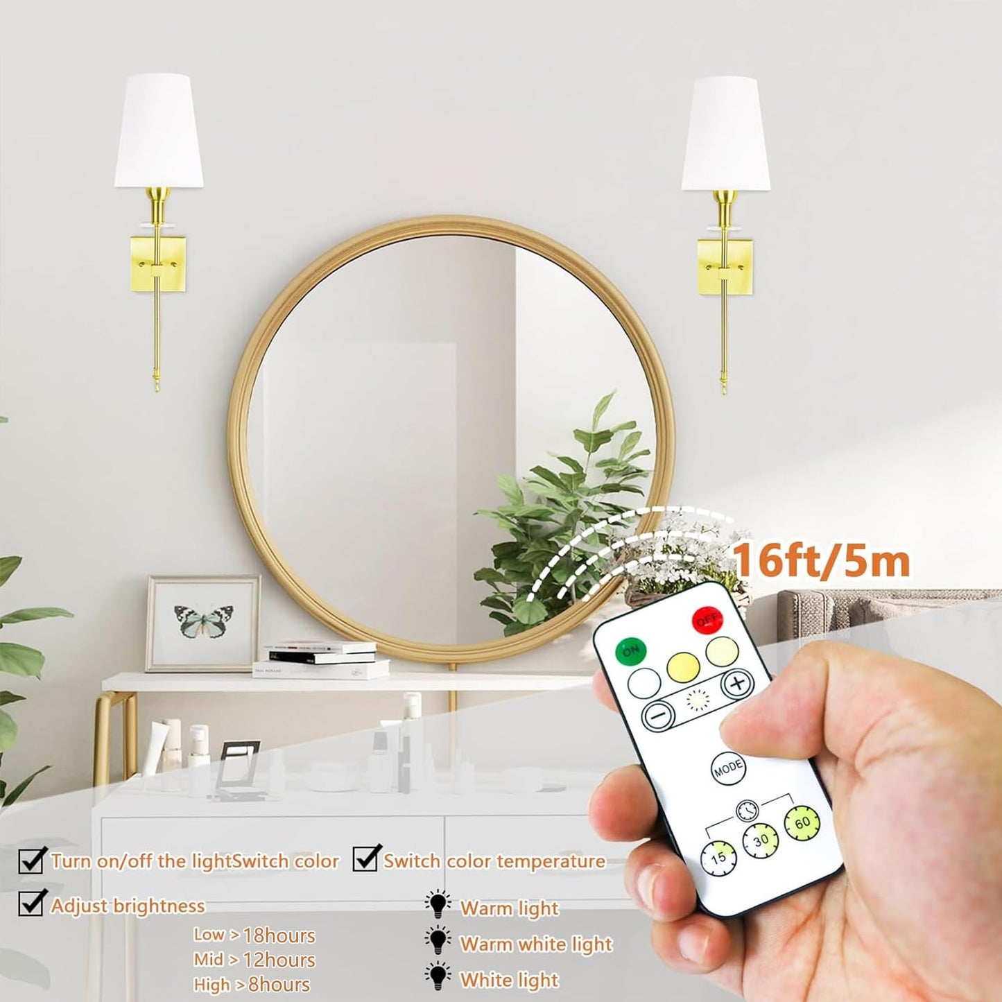 TOOTOO STAR Slim Wall Light Battery Operated Sconce Set of 2,not Hardwired Fixture,Battery Powered Wall Sconce with Remote Dimmable Light Bulb,for Living Room,Bedroom,Bathroom,Hallway