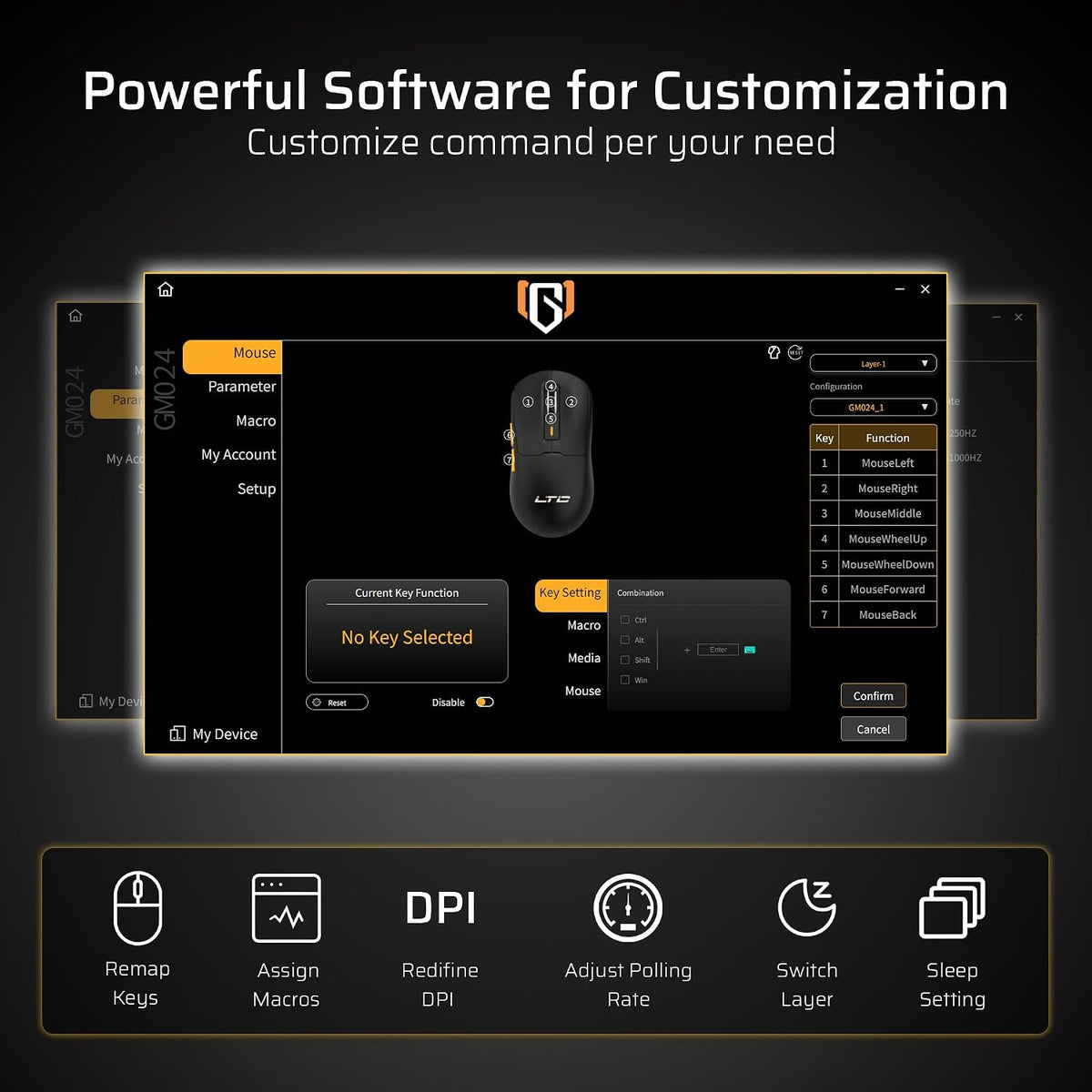 LTC GM024 Tri-Mode Wireless Gaming Mouse, 59g Ultra-Light Ergonomic Gaming Mouse 2.4Ghz/BT/Wired, 6-Level DPI 8000 Max, 1000Hz, 5 Programmable Buttons, Pro Software