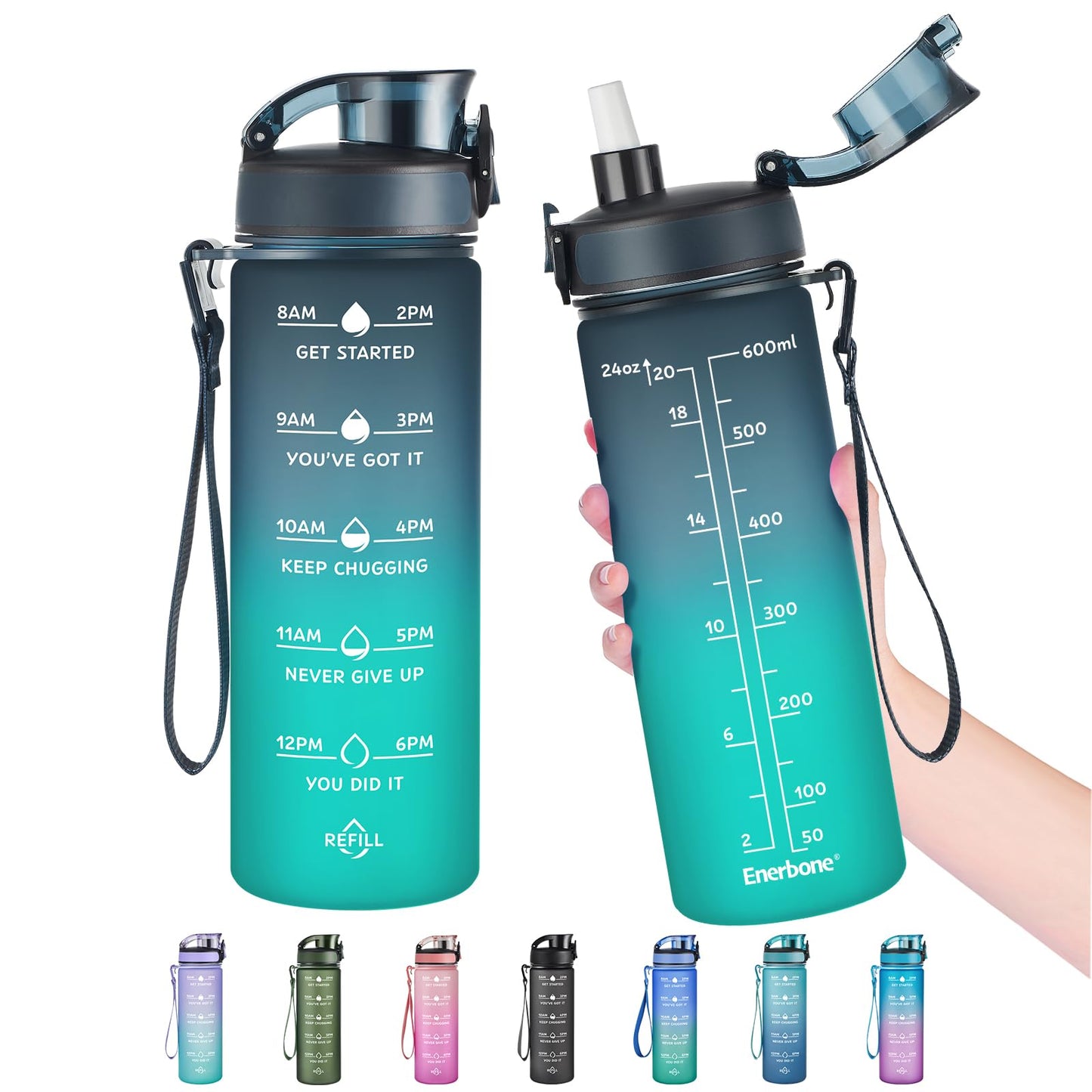 Enerbone 24 oz Water Bottle, Leakproof BPA & Toxic Free, Motivational Water Bottle with Times to Drink and Straw, Fitness Sports Water Bottle with Strap for Office, Gym, Outdoor Sports