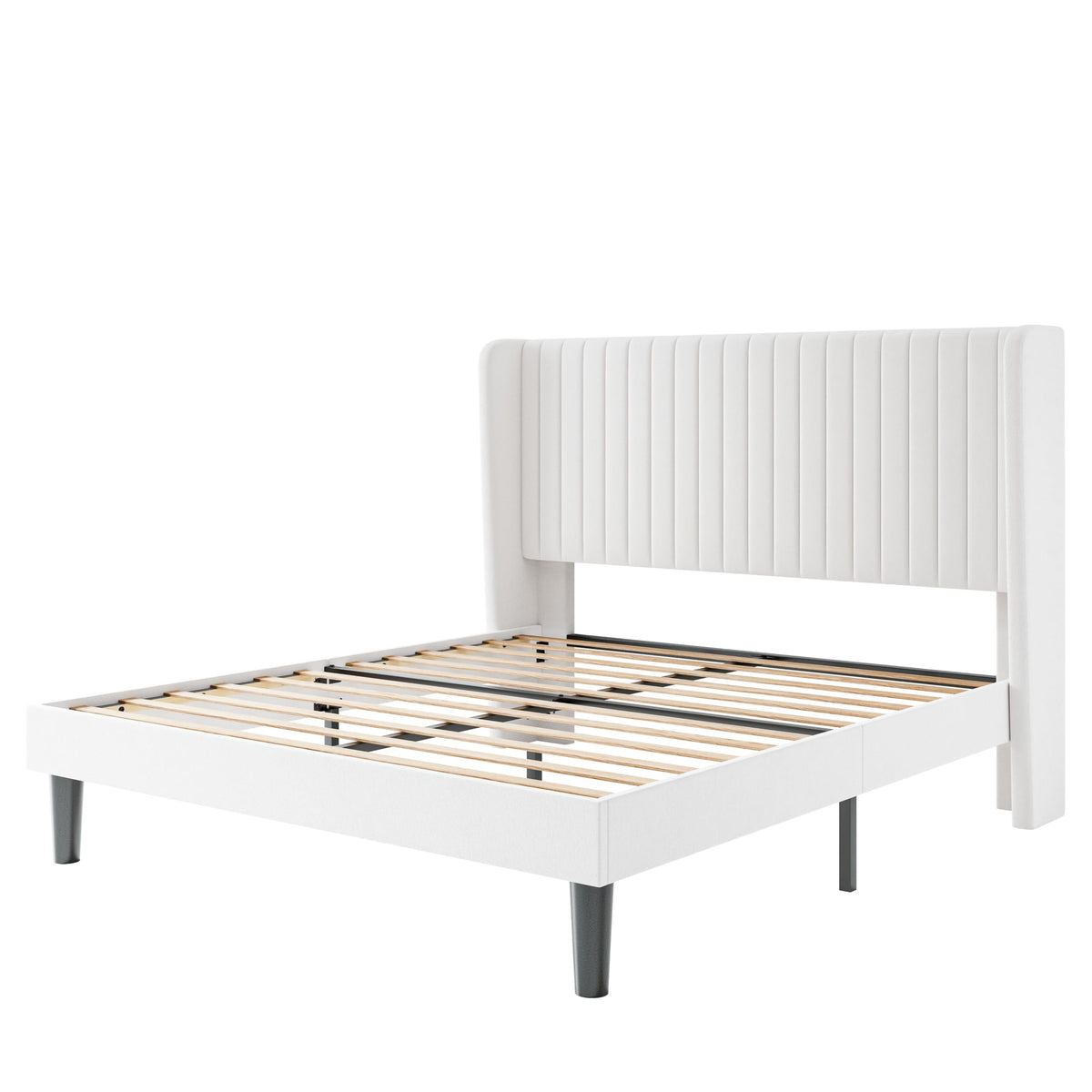 SHA CERLIN Full Size Velvet Bed Frame with Vertical Channel Tufted Wingback Headboard, Upholstered Platform Bed with Wood Slats, No Box Spring Needed, Easy Assembly, White
