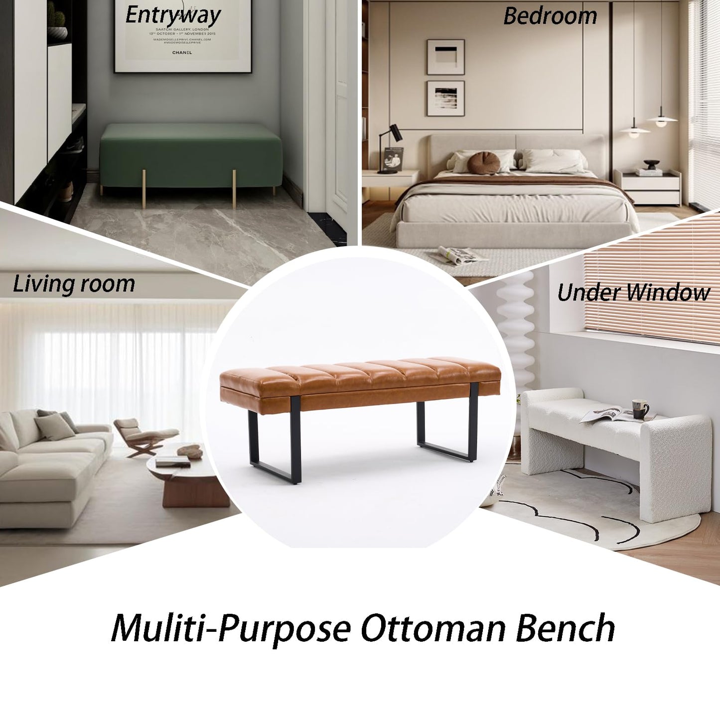 AIITTCC Faux Leather Ottoman Bench, Tufted Padded End of Bed Bench with Metal Legs, Upholstered Dining Table Bench Shoe Bench for Bedroom Living Room Entryway Window (Camel Brown, 46" Wide)