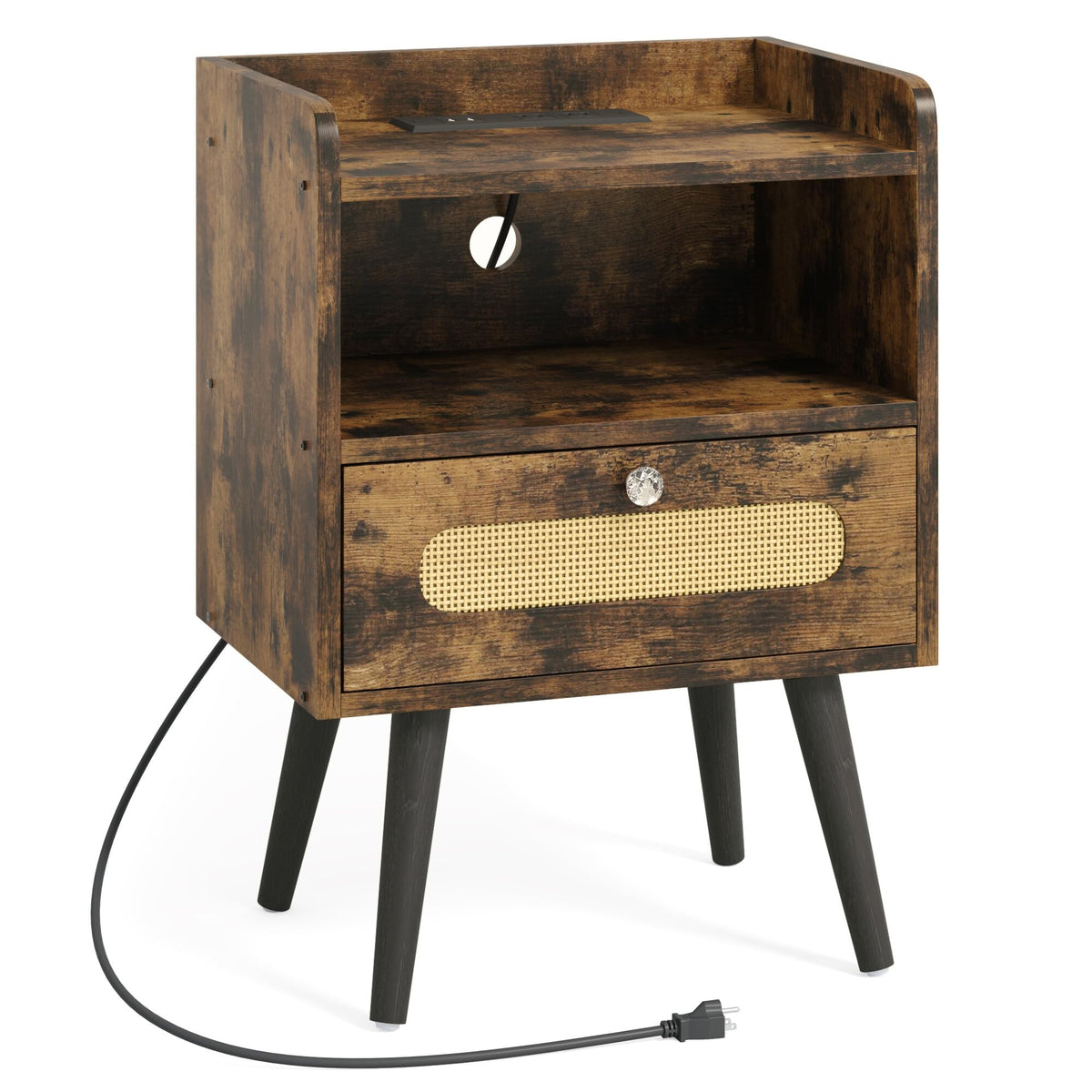 AGDULL End Table with Diamond Handle, Nightstand/Bedside Table with Charging Station, Rustic Brown