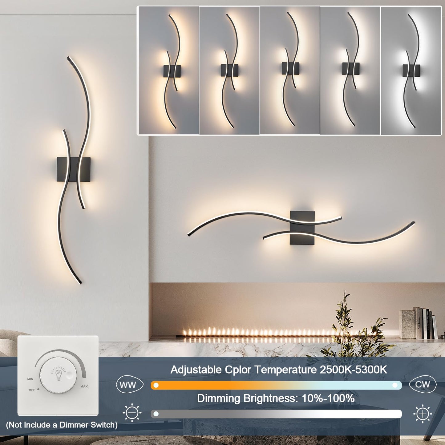 CANEOE Modern Wall Sconce Set of Two, 5CCT Dimmable Indoor Led Wall Sconce Lighting Set of 2, Hardwire Black Led Wall Lamps for Living Room Bedroom Bathroom Hallway, 31.5Inch (2 Packs)