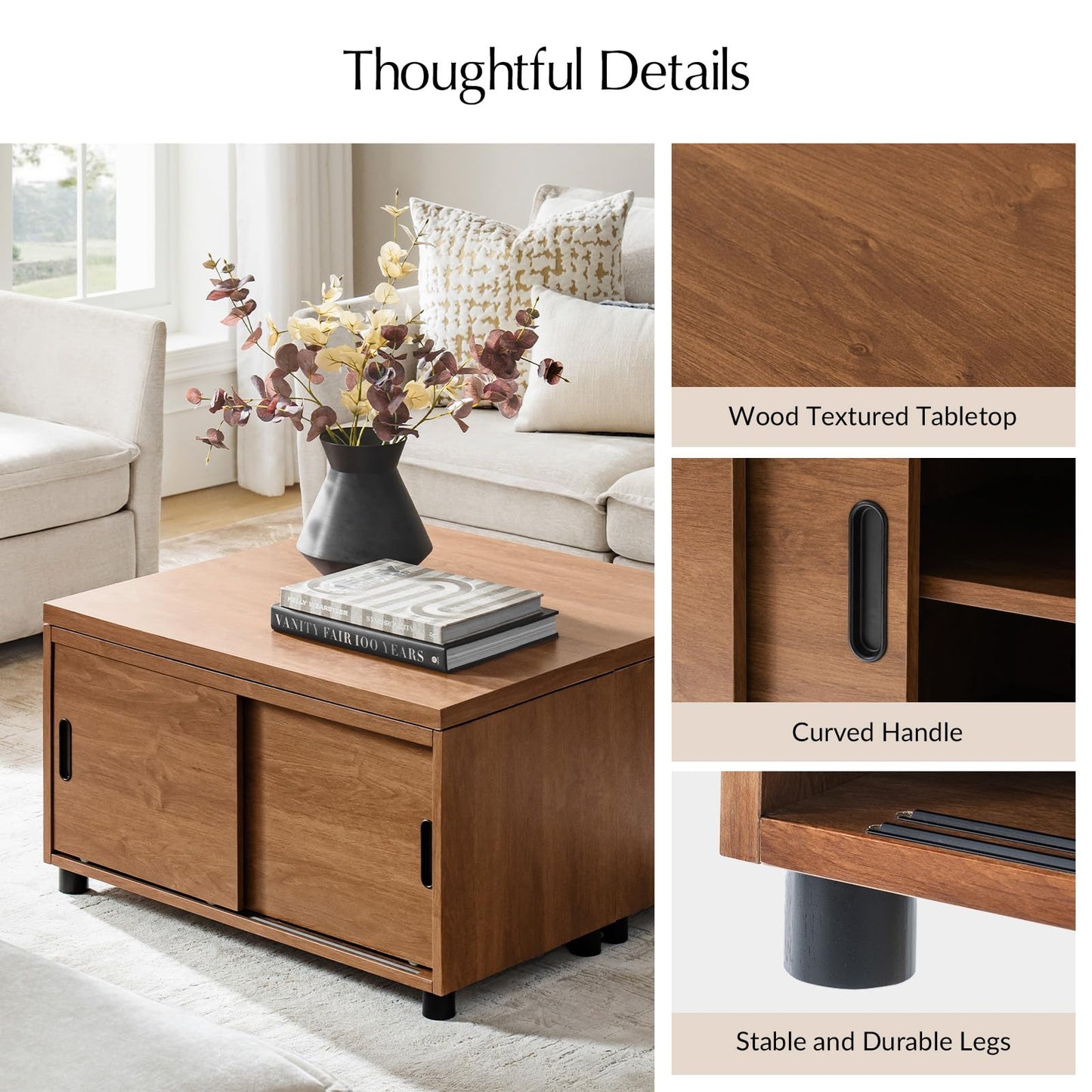 HULALA HOME Coffee Tables Set of 2 with Storage, Modern Sofa Side Tables with Modular Design, Rectangle Wood End Tables with Adjustable Shelves, Acorn
