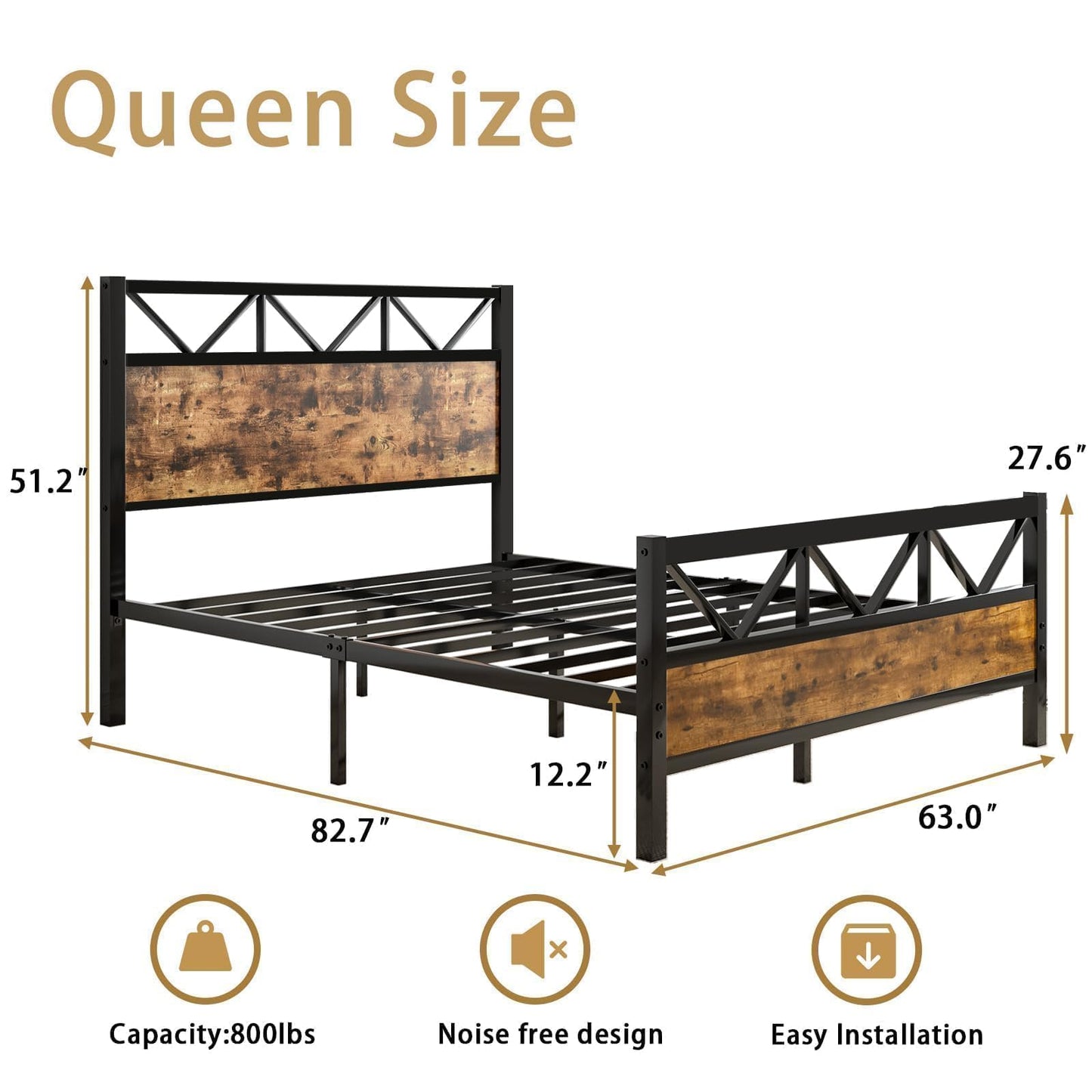 Queen Bed Frame with Headboard, Industrial 51.2" Tall Headboard, Queen Platform Bed Frame with Heavy Duty Metal Slats Support, No Box Spring Needed, Noise-Free, Easy Assembly, Rustic Brown