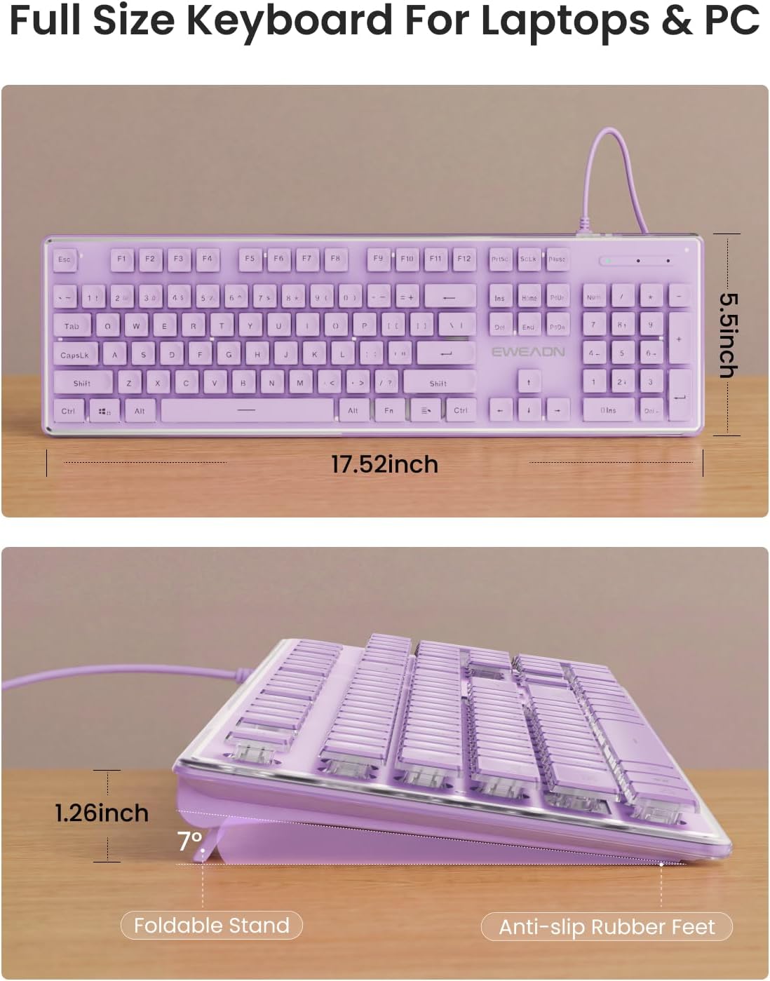 Wired Keyboard with White Backlight Pudding Keycaps, Full Size, Purple