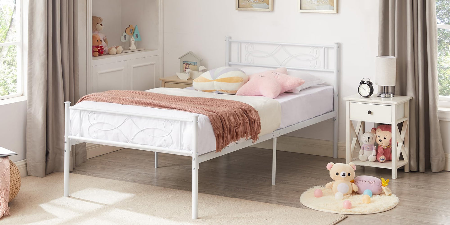 VECELO 14" Twin Size White Metal Platform Bed Frame with Headboard,Premium Steel Slat Support/No Box Spring Needed/Noise-Free/Easy Assembly