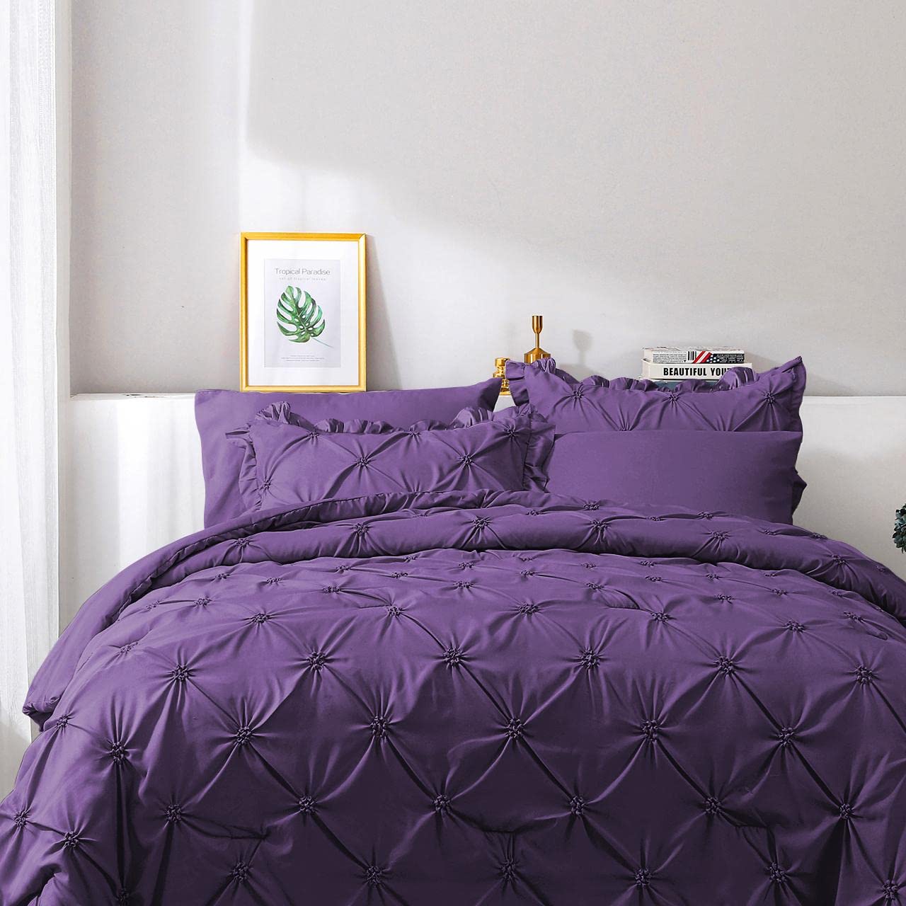 JOLLYVOGUE Purple Twin Size Comforter Sets 5 Pieces, Pintuck Bed in a Bag Comforter Set for Bedroom, Bedding Comforter Sets with Comforter, Sheets,Ruffled Shams & Pillowcases