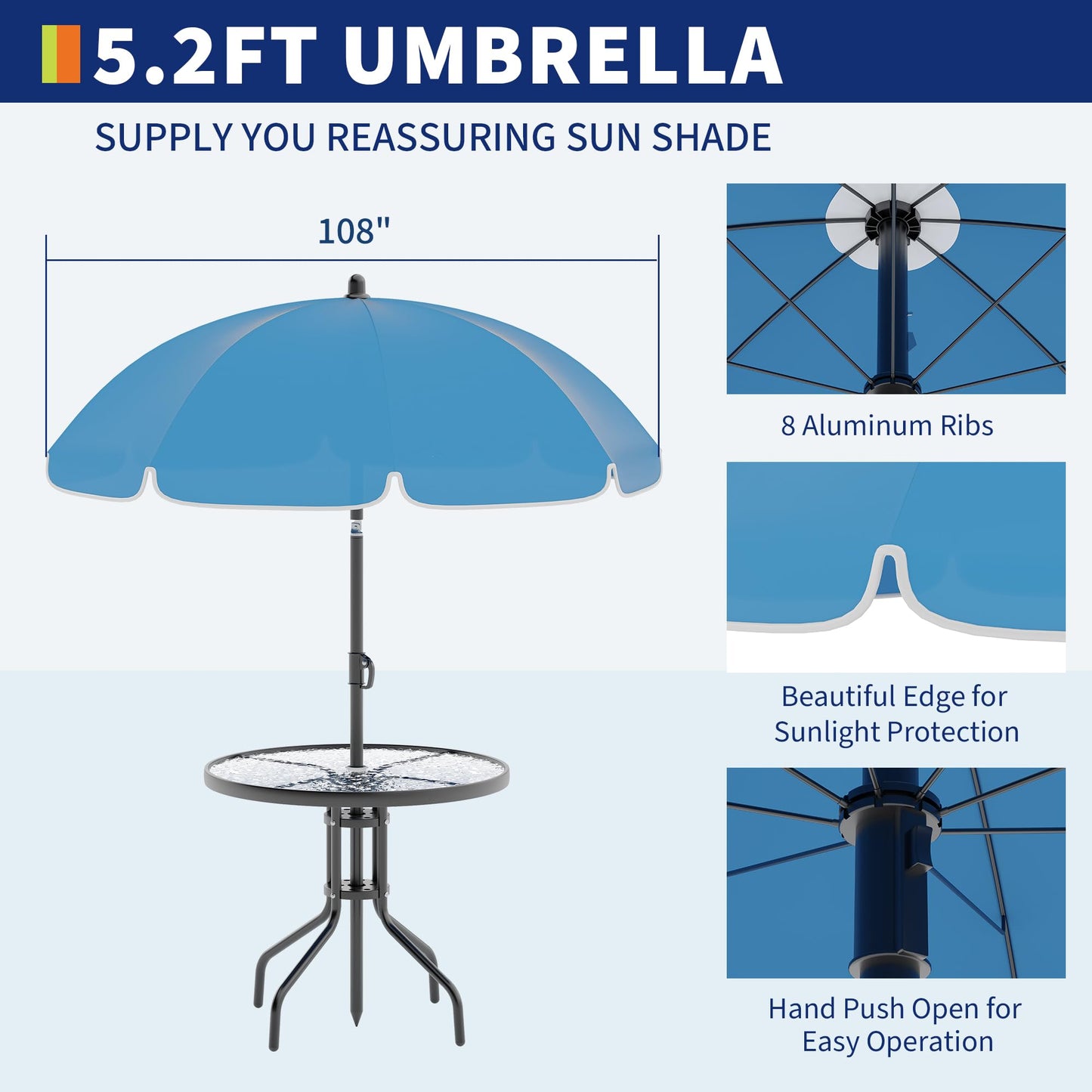 Patio Dining Set for 4 With Umbrella, Outdoor Furniture Set With 4 Folding Dining Chairs, Outdoor Table Umbrella Set With Tempered Glass Top Dinings Table