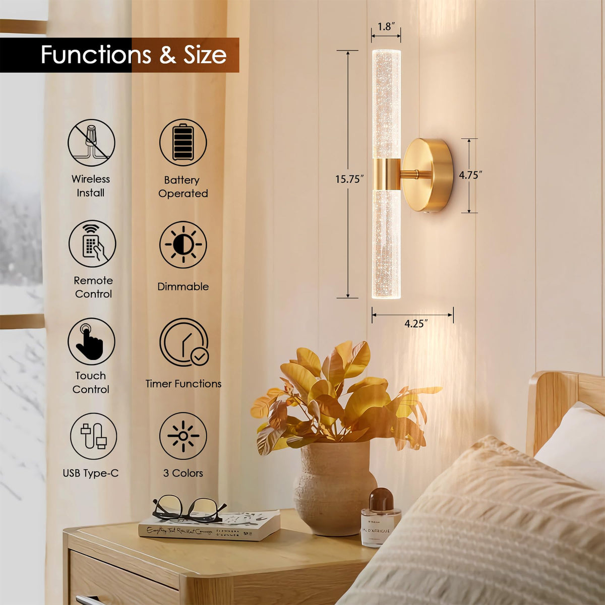 Gold Battery Operated Wall Sconce Set of 2, 3000-6000K LED Dimmable Wireless Sconces Wall Lighting with Remote, 15.7" Crystal Rechargeable Cordless Wall Lights for Bedroom, Living Room, Hallway