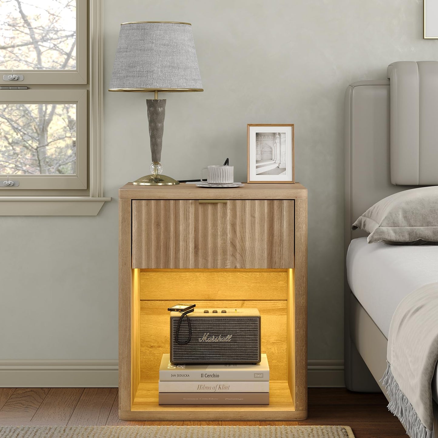 Night Stand Nightstand with Drawer Storage Bed Side Table End Table Large Modern Wood Wide Bedside Stand Mid Century Night Stands for Bedroom Living Room Sofa Couch Home Office, Oak