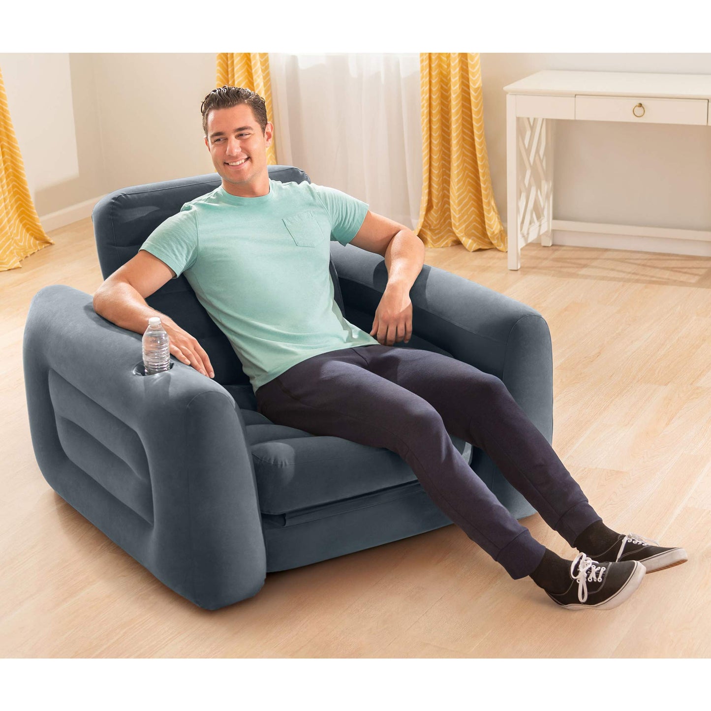 Intex 2 in 1 Inflatable Pull Out Sofa Chair and Twin Air Bed Mattress with Cup Holders for Indoor and Outdoor Use for Adults (3 Pack), Charcoal