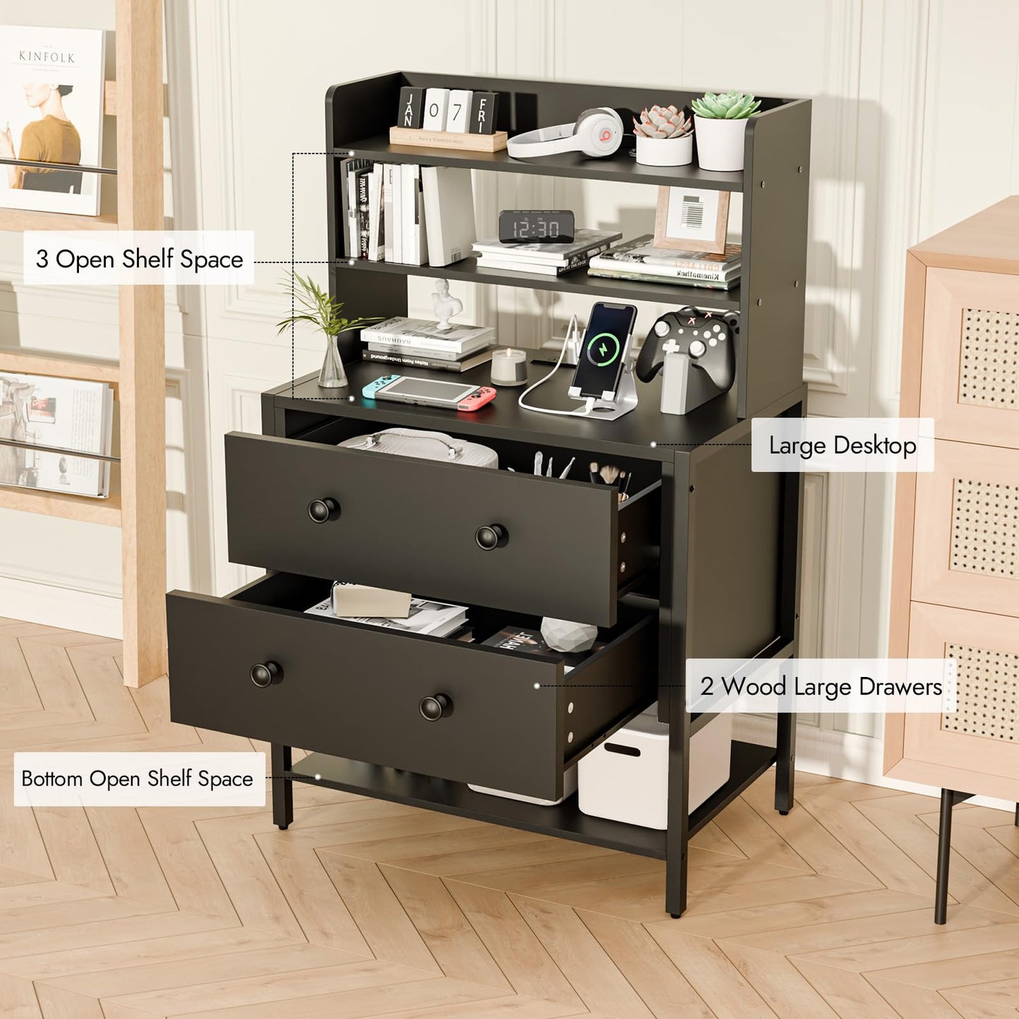 PATAVOT 24 Inch Wide Night Stand, Large Wooden Night Stand with 2 Adjustable Drawes, Tall Nightstand with 4-Tier Shelves and Charging Station, Bedside Table for Living Room/Bedroom/Office, Black.