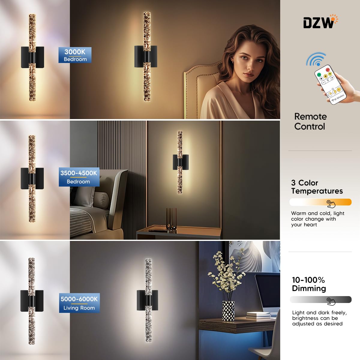 DZW 10000mAh Battery Operated Wall Sconce Set of Two,16.9 Inch Rechargeable Modern Crystal Bathroom Sconces,LED Wall Sconce, 3000K-6000K Dimmable Wall Lights for Vanity Living Room, Bedroom, Hallway