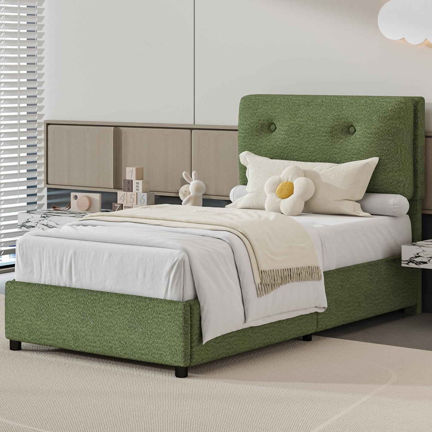 CHABUILDREARK Twin Bed Frames, Upholstered Boucle Platform Bed Frame with Headboard, Cloud Bed Frames with Soft Headboard, Wooden Slats Support, No Box Spring Needed, Easy Assembly, Green