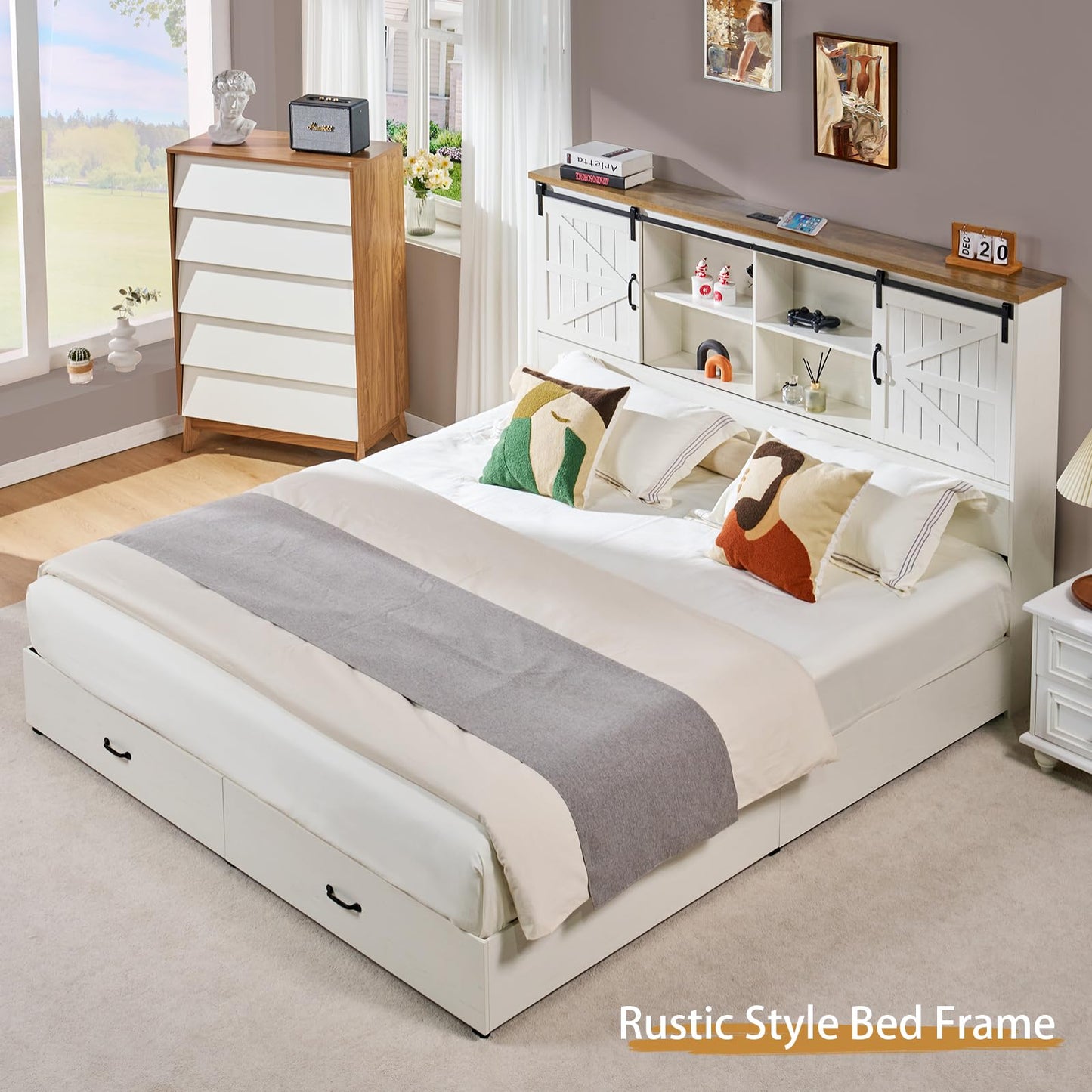VanAcc Farmhouse King Bed Frame, Wooden Platform Storage Bed with 51.2" Bookcase Headboard, 2 Drawers, Charging Station/No Box Spring Needed/Noise Free, White