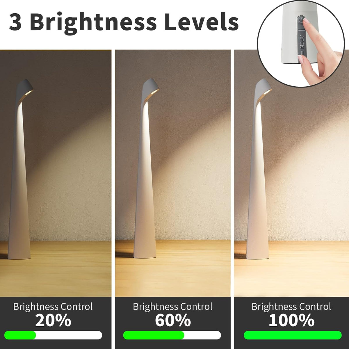 HAPYGI Cordless Rechargeable Reading Metal Table Lamp, 3-Level Brightness