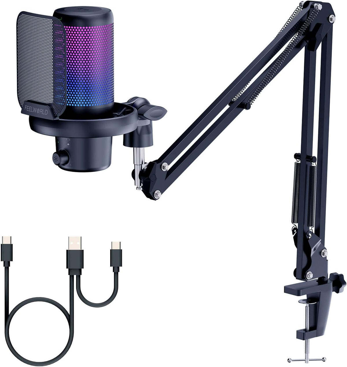 FEELWORLD VM1 Black USB Gaming Condenser Microphone for pc, Boom Arm Stand