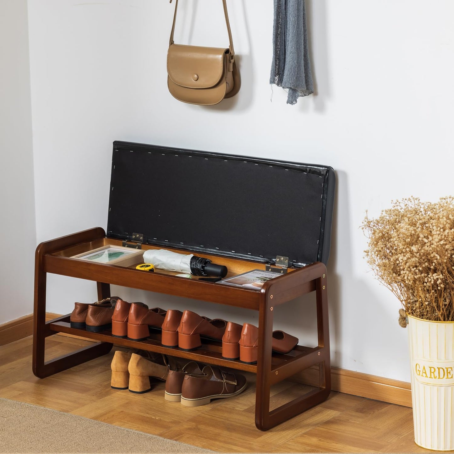 SOBIBO Solid Wood Shoe Bench, 2-Tier Entryway Bench with Cushion and Flip-Open Storage Box, Mid-Century Modern Shoe Bench Rack for Hallway, Mudroom(Black, 31.5'')