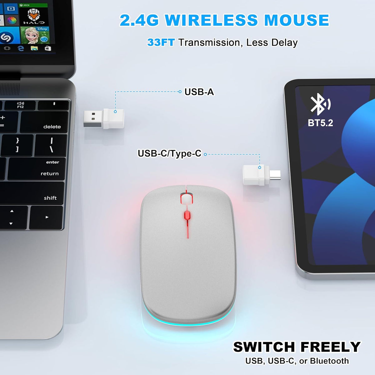 LED Bluetooth Wireless Mouse for MacBook Air Mac Pro Laptop iPad–Silver