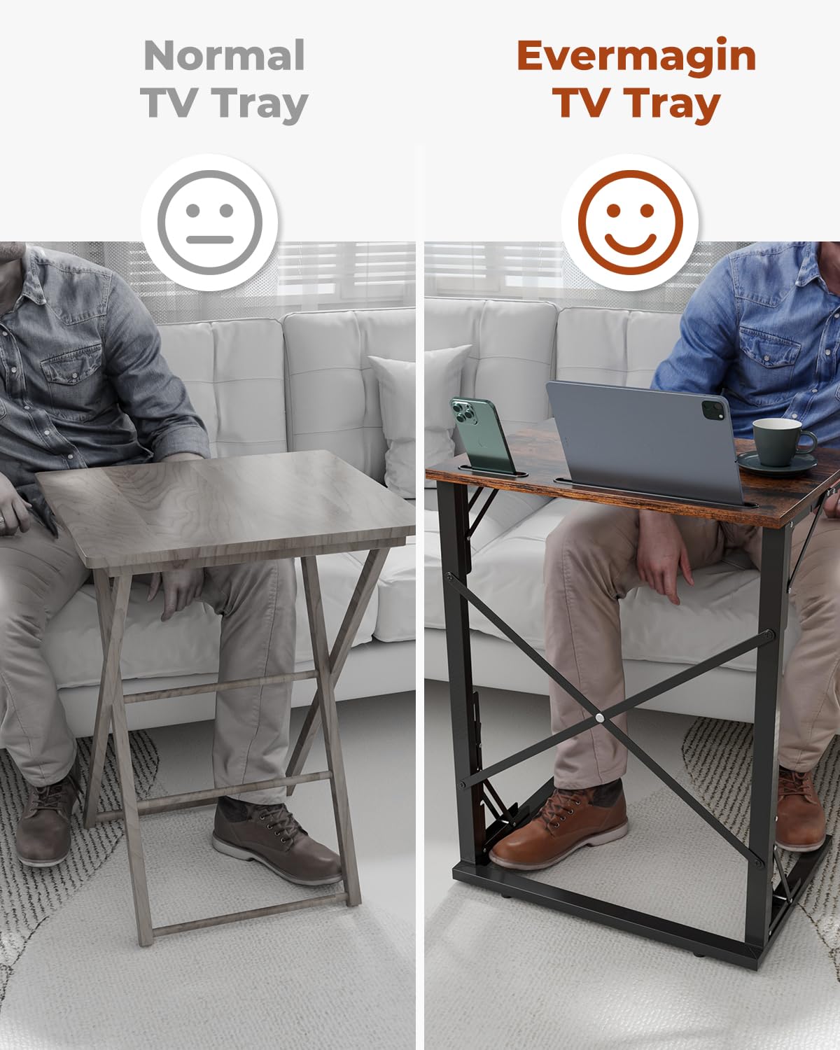 Evermagin 21''Wx28''H Folding TV Tray, Small Foldable C-Shaped End Table for Eating with Tablet and Phone Slots, Slide Under Couch Side Table for Recliner, Living Room, Bedroom, Rustic Brown