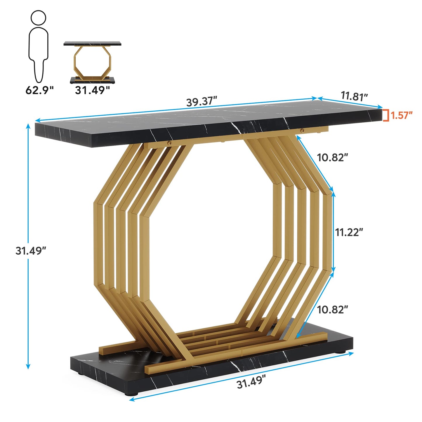 Tribesigns Gold Console Table, Faux Marble Entryway Table Narrow Sofa Table with Geometric Metal Base, 40 Inch Modern Accent Table Entrance Table for Living Room, Hallway, Foyer, Black