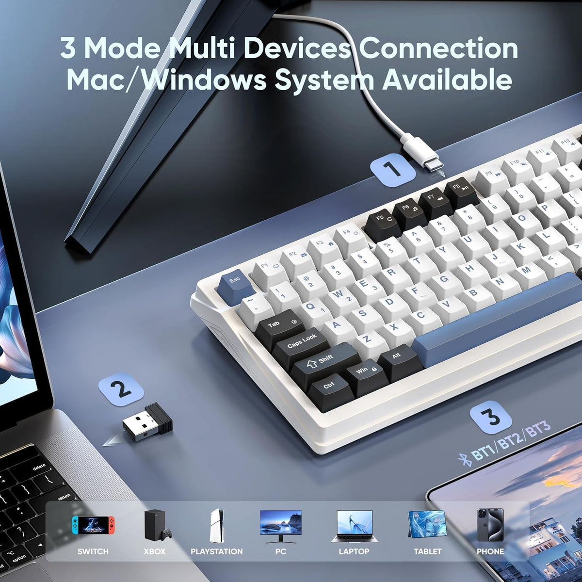 RedThunder K95 Wireless Mechanical Keyboard, TFT Screen & Knob, Tri-Mode BT5.0/2.4GHz/USB-C Hot Swappable Custom, Pre-lubed Linear Switches, Gasket Structure, RGB Gaming Keyboard, Snowy White-Blue