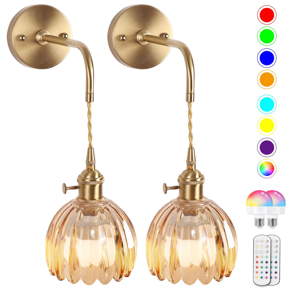 Vintage Battery Operated Wall Sconces Sets Of Two,Indoor not Hardwired Amber Tulip Glass Lampshade Fixtures,Rechargeable Wireless RGB Wall Lights with Dimmable Remote Control,for Bedroom Living Room