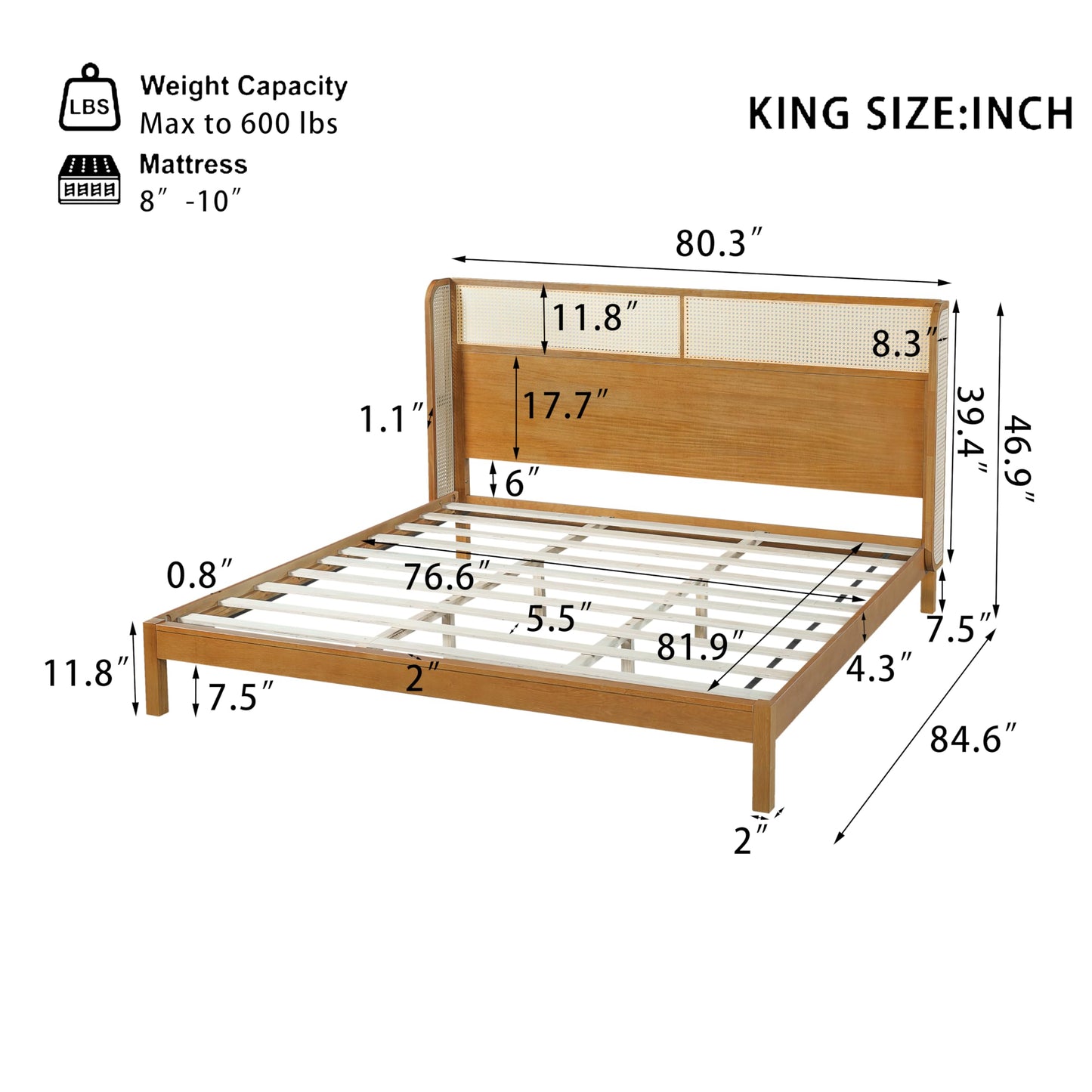 Merax King Size Premium Rubber Wood Platform Bed Frame, with Headboard, Mid Century Modern, Natural