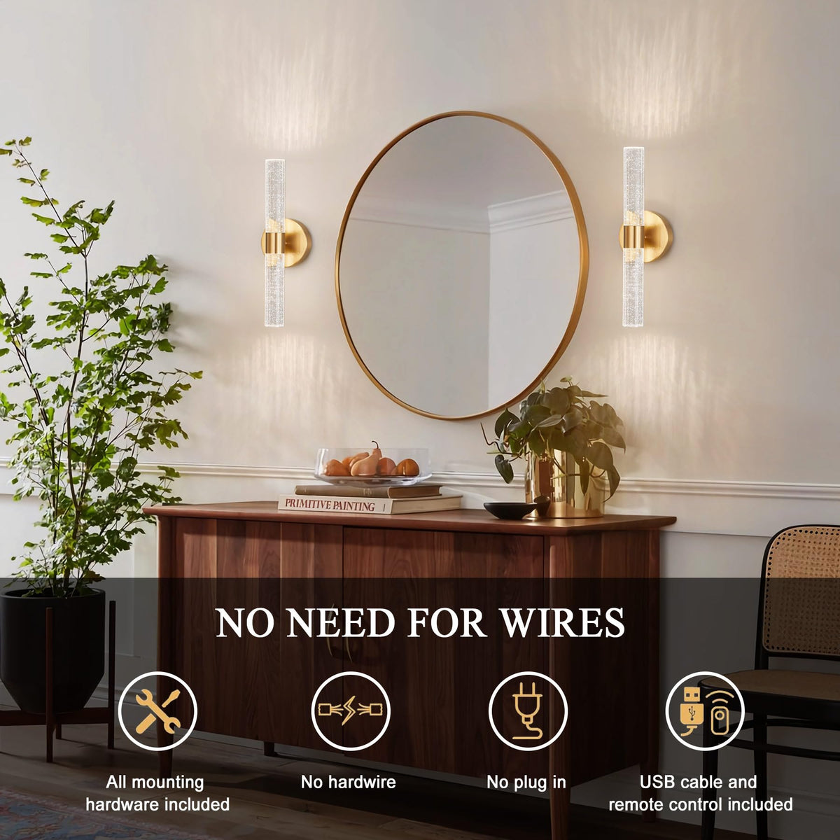 Gold Battery Operated Wall Sconce Set of 2, 3000-6000K LED Dimmable Wireless Sconces Wall Lighting with Remote, 15.7" Crystal Rechargeable Cordless Wall Lights for Bedroom, Living Room, Hallway