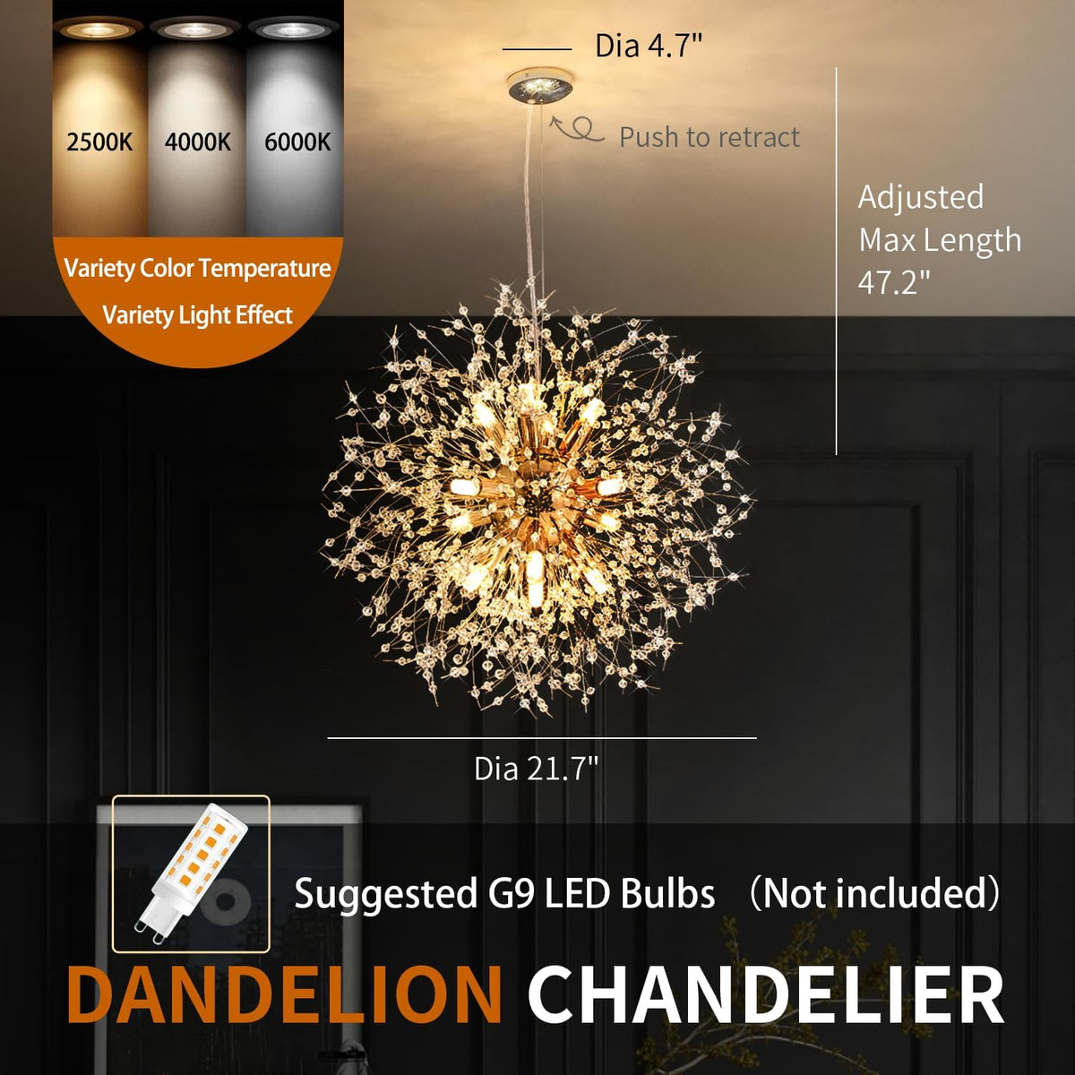 Gold Crystal Chandelier 22 Inch Modern Ceiling Light, Dandelion Firework Semi Flush Mount Pendant with G9 Socket, 12-Light Adjustable Hanging Chandelier for Dining Room Living Room Kitchen Foyer