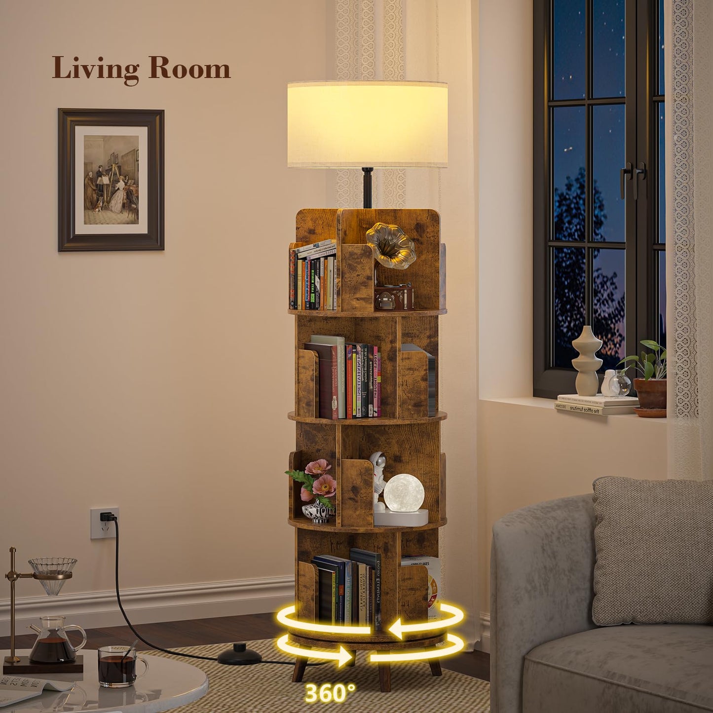 TVU Rotating Bookshelf with Light, 360 Degree Spinning Book Shelf Tower, 4-Tier Circular Bookcase for Small Spaces, Fits Any Corner, for Study、Living Room、Bedroom、Office, Flame Finish