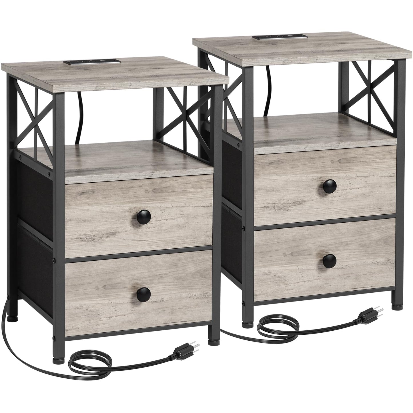 AMHANCIBLE Night Stand Set 2, Nightstand with Charging Station, End Tables Living Room with USB Ports and Outlets, Bedside Tables with Fabric Drawers for Bedroom, Greige HET05XGY