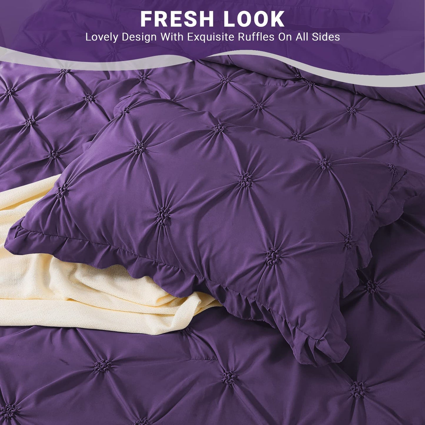 JOLLYVOGUE Purple Twin Size Comforter Sets 5 Pieces, Pintuck Bed in a Bag Comforter Set for Bedroom, Bedding Comforter Sets with Comforter, Sheets,Ruffled Shams & Pillowcases