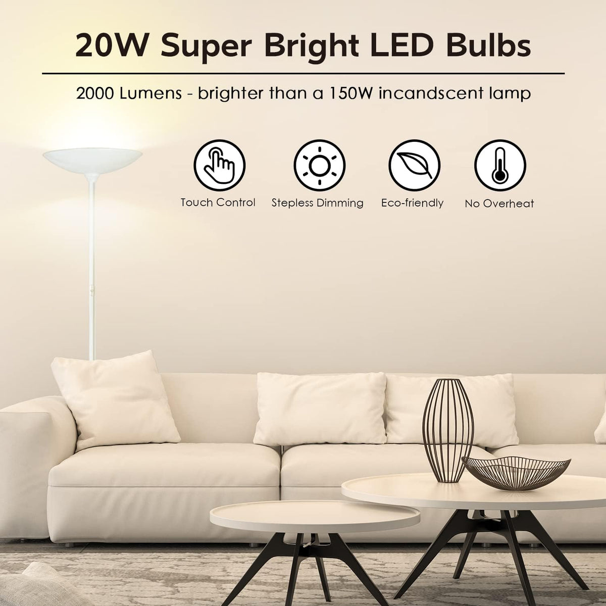 BoostArea LED Floor Lamp, 71''Torchiere Standing Lamp, White, Touch Switch