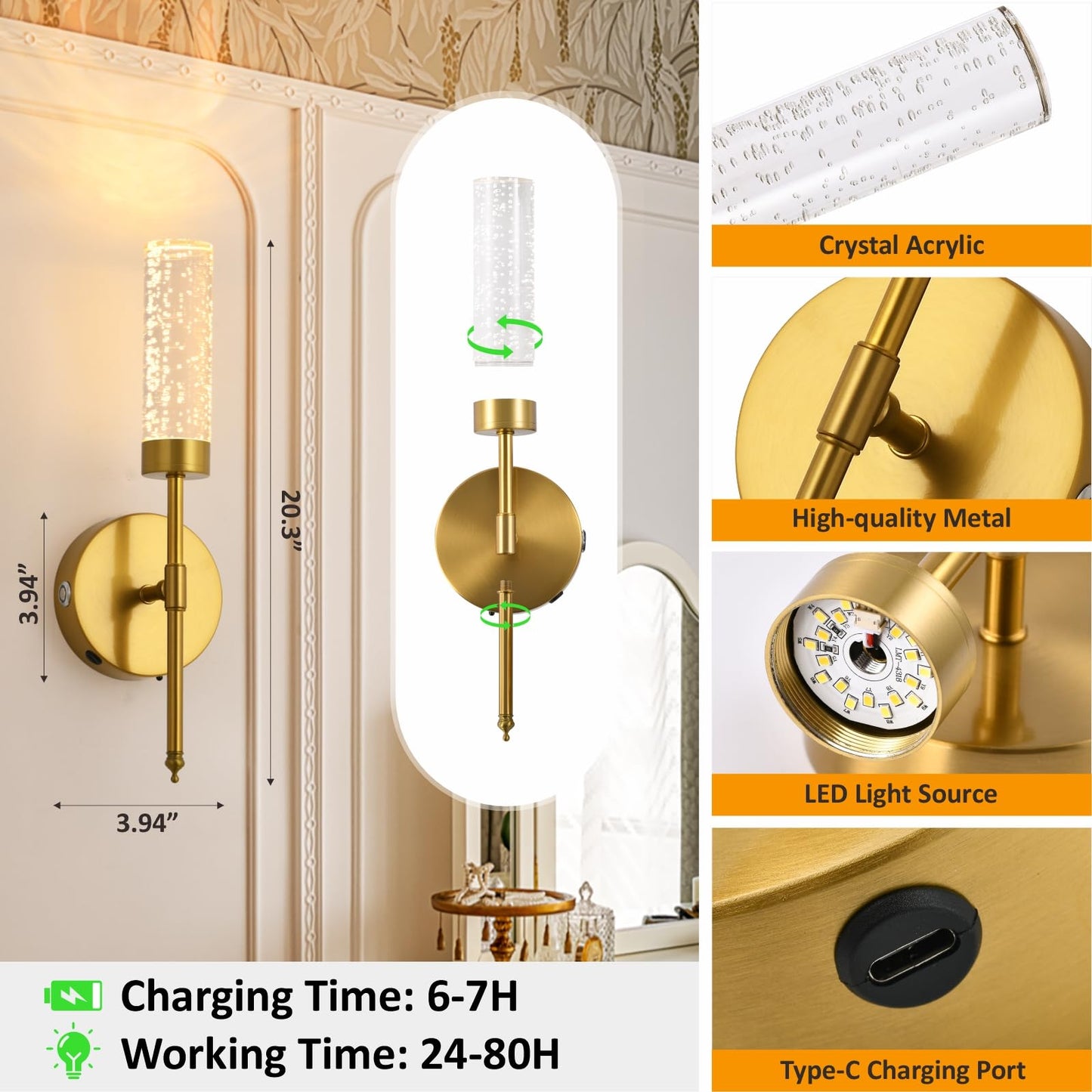 TPSHPTS LED Wireless Wall Sconce with Remote Control (Set of 2), USB Rechargeable Battery Operated Wall Lamps, 3 Colors Dimmable Wall Lights for Bedroom Hallway, Gold